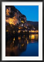 Buildings lit up at evening, Dordogne River, La Roque-Gageac, Dordogne, Aquitaine, France Fine Art Print