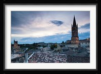 Elevated view of a town with Eglise Monolithe church at dusk, Saint-Emilion, Gironde, Aquitaine, France Fine Art Print