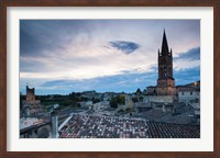 Elevated view of a town with Eglise Monolithe church at dusk, Saint-Emilion, Gironde, Aquitaine, France Fine Art Print