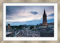 Elevated view of a town with Eglise Monolithe church at dusk, Saint-Emilion, Gironde, Aquitaine, France Fine Art Print