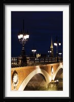 Pont de Pierre bridge across Garonne River with Eglise St-Michel at dusk, Bordeaux, Gironde, Aquitaine, France Fine Art Print