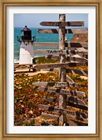 Directional signs on a pole with light house in the background, Point Montara Lighthouse, Montara, California, USA Fine Art Print