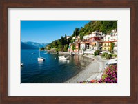 Houses at waterfront with boats on Lake Como, Varenna, Lombardy, Italy Fine Art Print