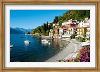 Houses at waterfront with boats on Lake Como, Varenna, Lombardy, Italy Fine Art Print