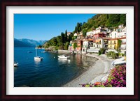Houses at waterfront with boats on Lake Como, Varenna, Lombardy, Italy Fine Art Print