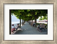 People sitting on benches among trees at lakeshore, Lake Como, Cernobbio, Lombardy, Italy Fine Art Print