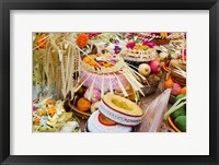Many of the offerings on cart in front of a temple in Tampaksiring, Bali, Indonesia Fine Art Print