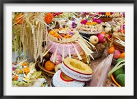 Many of the offerings on cart in front of a temple in Tampaksiring, Bali, Indonesia Fine Art Print