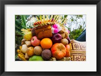 Basket of fruits and bakery items being offered at temple on holy day, Tiga, Susut, Bali, Indonesia Fine Art Print
