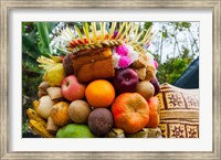 Basket of fruits and bakery items being offered at temple on holy day, Tiga, Susut, Bali, Indonesia Fine Art Print