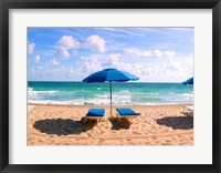 Lounge chairs and beach umbrella on the beach, Fort Lauderdale Beach, Florida, USA Fine Art Print