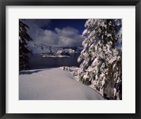Crater Lake in winter, Wizard Island, Crater Lake National Park, Oregon, USA Fine Art Print