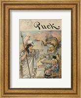 Civilization holding a spear, standing before a benign Chinese emperor Fine Art Print