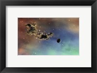 A lonely planet is lit by two stars as it passes by a dark cloud of dust Fine Art Print