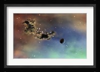 A lonely planet is lit by two stars as it passes by a dark cloud of dust Fine Art Print