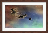 A lonely planet is lit by two stars as it passes by a dark cloud of dust Fine Art Print