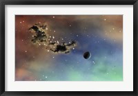 A lonely planet is lit by two stars as it passes by a dark cloud of dust Fine Art Print