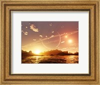A scene on a distant moon orbiting a gas giant in a trinary star system Fine Art Print