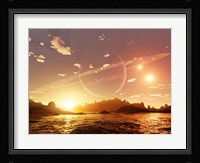 A scene on a distant moon orbiting a gas giant in a trinary star system Fine Art Print
