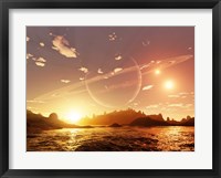 A scene on a distant moon orbiting a gas giant in a trinary star system Fine Art Print