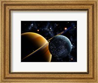 Two artificial moons travelling around a gas giant devouring the natural moons Fine Art Print