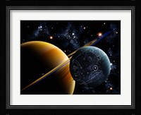 Two artificial moons travelling around a gas giant devouring the natural moons Fine Art Print