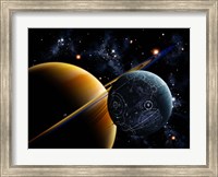 Two artificial moons travelling around a gas giant devouring the natural moons Fine Art Print