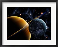 Two artificial moons travelling around a gas giant devouring the natural moons Fine Art Print