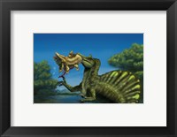 A Spinosaurus dinosaur fishing Mawsonias in a mangrove Fine Art Print