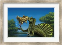 A Spinosaurus dinosaur fishing Mawsonias in a mangrove Fine Art Print