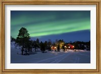 Aurora Borealis over farm houses, Tennevik Lake, Troms, Norway Fine Art Print
