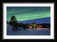 Aurora Borealis over farm houses, Tennevik Lake, Troms, Norway Fine Art Print