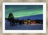 Aurora Borealis over farm houses, Tennevik Lake, Troms, Norway Fine Art Print