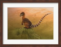 A Sinosauropteryx dinosaur resting on a log Fine Art Print