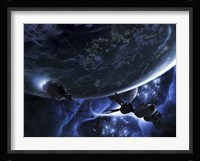 Vulture ships hunt down and dismantle derelict spacecraft Fine Art Print