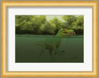 A Baryonyx escapes swimming from a brawl with a Hypsilophodon in his mouth Fine Art Print