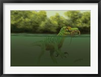 A Baryonyx escapes swimming from a brawl with a Hypsilophodon in his mouth Fine Art Print