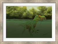 A Baryonyx escapes swimming from a brawl with a Hypsilophodon in his mouth Fine Art Print