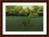 A Baryonyx escapes swimming from a brawl with a Hypsilophodon in his mouth Fine Art Print