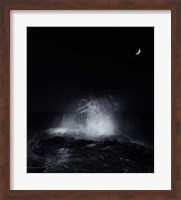 The crescent moon and waves splashing over rocks in Miramar, Argentina Fine Art Print