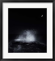 The crescent moon and waves splashing over rocks in Miramar, Argentina Fine Art Print