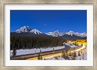 A moonlit nightscape over the Bow River and Morant's Curve in Banff National Park, Canada Fine Art Print