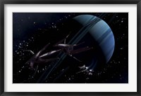 A chartered private corvette being intercepted by a strange alien craft Fine Art Print