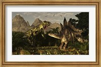 A large carnivorous Torvosaurus preying on a Stegosaurus Fine Art Print