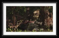A T-Rex returns to his kill and finds some poaching raptors Fine Art Print