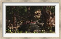 A T-Rex returns to his kill and finds some poaching raptors Fine Art Print