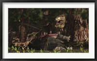 A T-Rex returns to his kill and finds some poaching raptors Fine Art Print