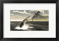 A Tylosaurus jumps out of the water, attacking a Pteranodon Fine Art Print