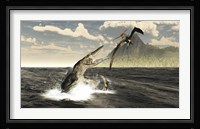 A Tylosaurus jumps out of the water, attacking a Pteranodon Fine Art Print
