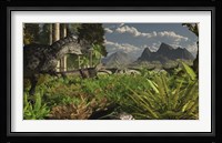 Allosaurus and Diplodocus dinosaurs roam western North America Fine Art Print